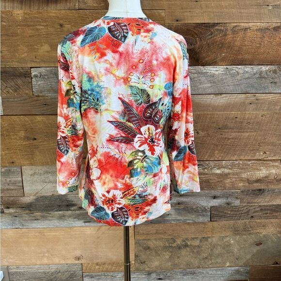 Chico’s Colorful Floral 3/4 Long Sleeve Tee EUC SZ 1 - Picture 2 of 8